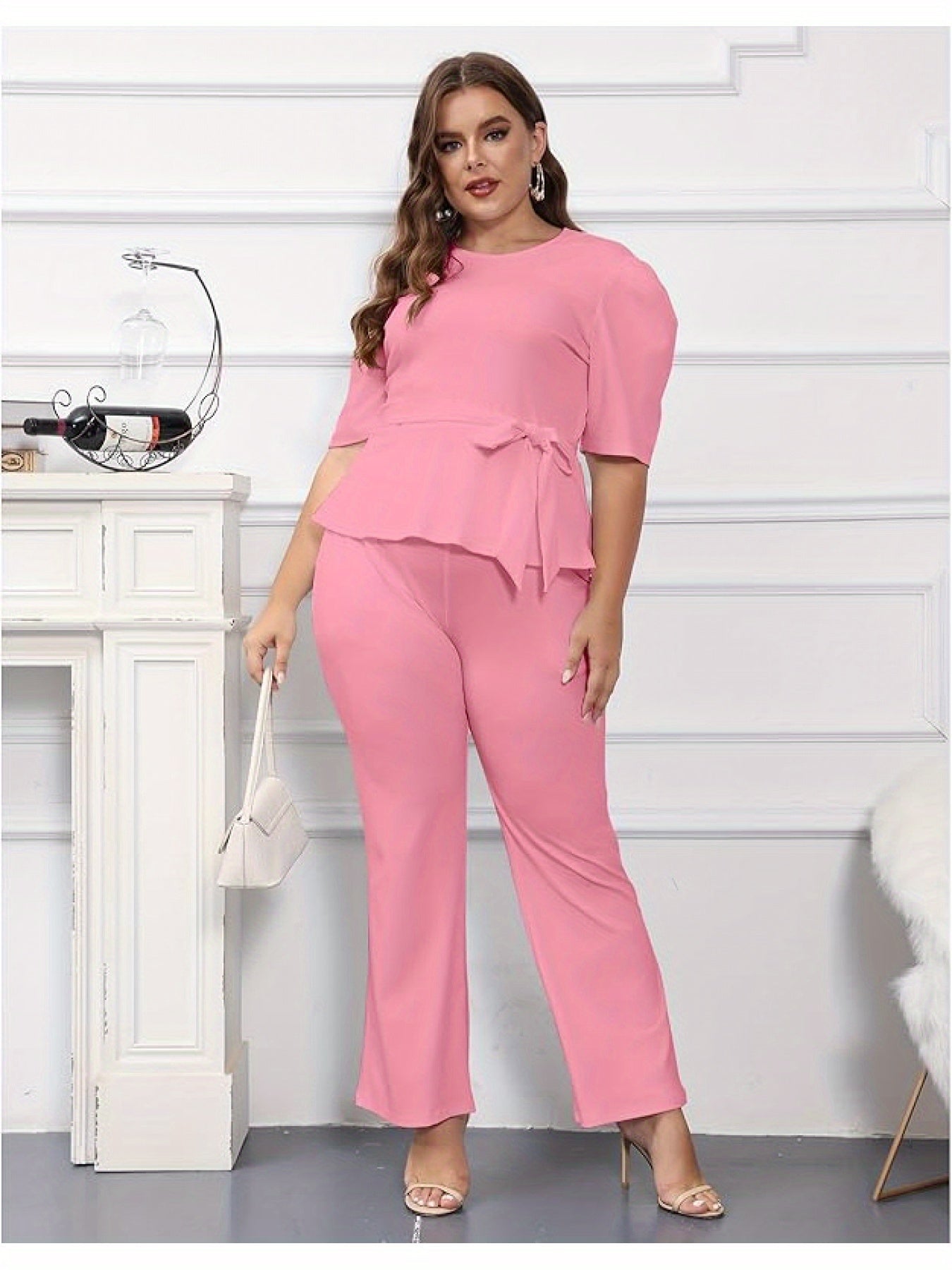 Plus Size 2pcs Outfits for Women Blazer Top Long Sleeve Long Pants Sets Formal Evening Ruffles Slim Fit Blazer Top And Long Pants Set Casual Elegant Business Suit with Belt
