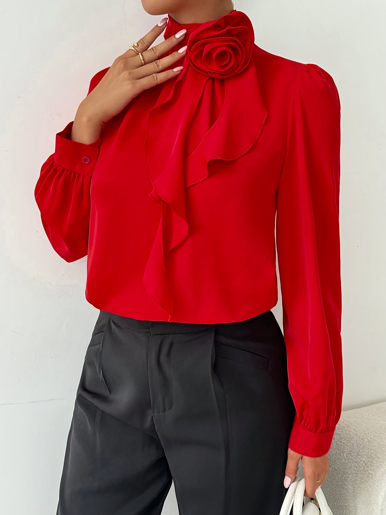 Floral Decor Mock Neck Blouse, Elegant Long Sleeve Blouse for Spring & Fall, Women's Clothing, Plus Size Blouses