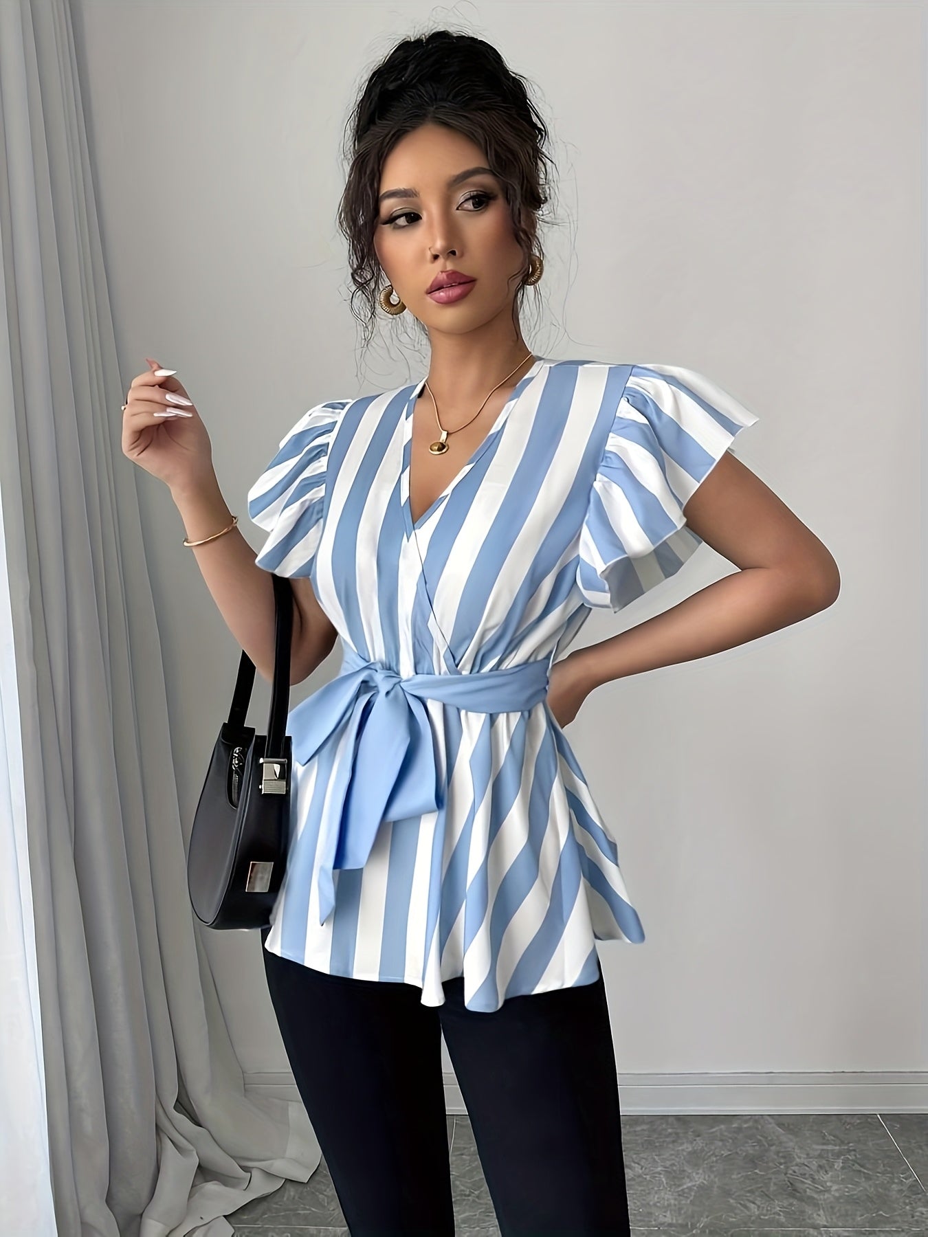 Women's Elegant Striped V-Neck Blouse with Belt - Black & White Vertical Stripes, Ruffled Sleeves, Cinched Waist, Machine Washable Polyester - Spring/Summer Fashion Top, Spring Summer Top | Waist Belted Top | Glossy Texture,