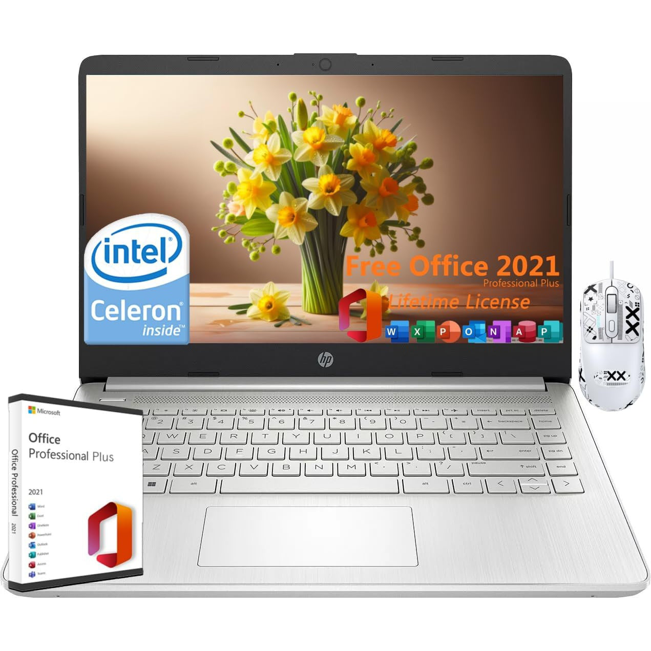 HP 14" Laptop For Student Business, With Office Lifetime License & Windows 11 S, Intel Dual-Core N4120, 16 GB RAM, 384 GB Storage(128GB EMMC+256GB Micro SD), Webcam, WiFi, Anti-Slip Mouse, Silvery