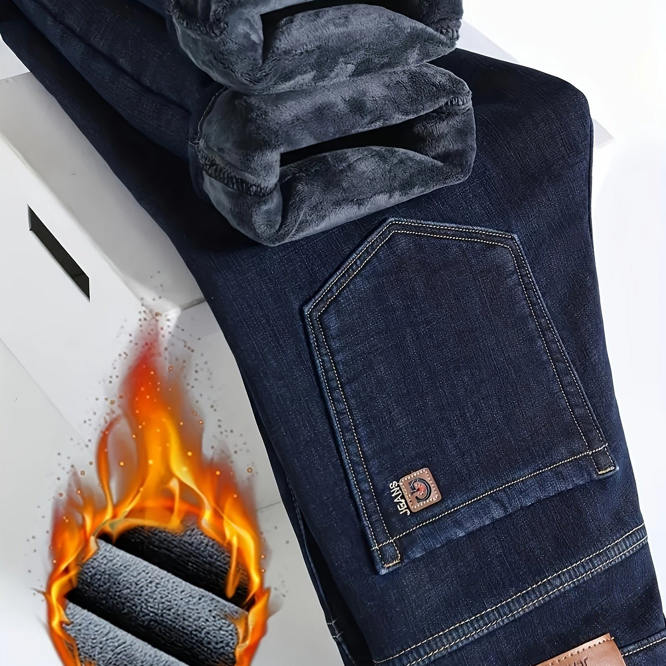 Men's Classic Thickened Denim Straight Leg Fleece Lined Jeans - Warm and Comfortable Winter Pants with Classic Design for Autumn and Winter Season