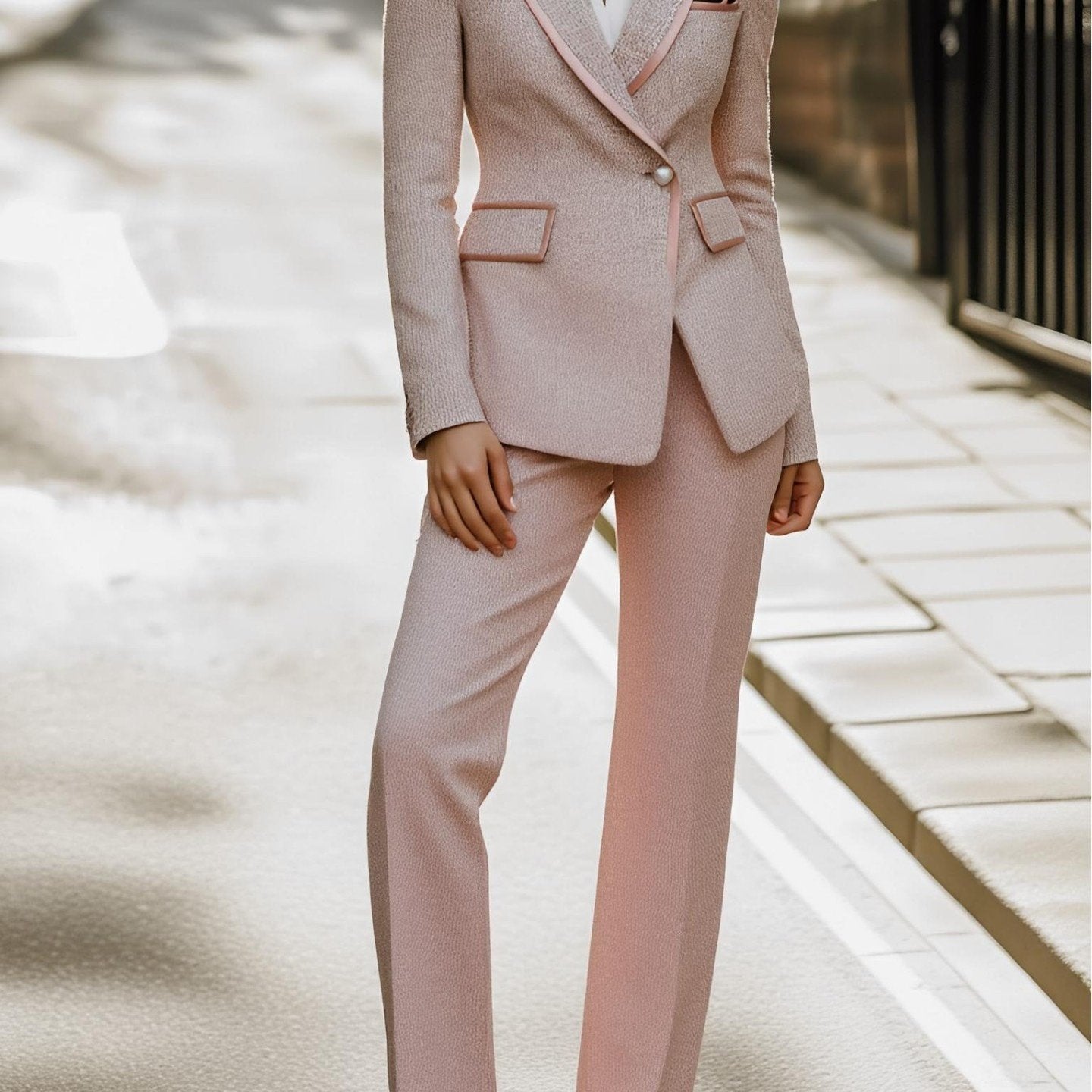 Fashionable Vintage Women'S Spring Pink Tweed Suit Set Featuring a Shawl Collar Jacket And Tapered Trousers with Contrasting Trim, Suitable for Retro Parties, Art Exhibitions, And Creative Work Environments. High-Quality Tren