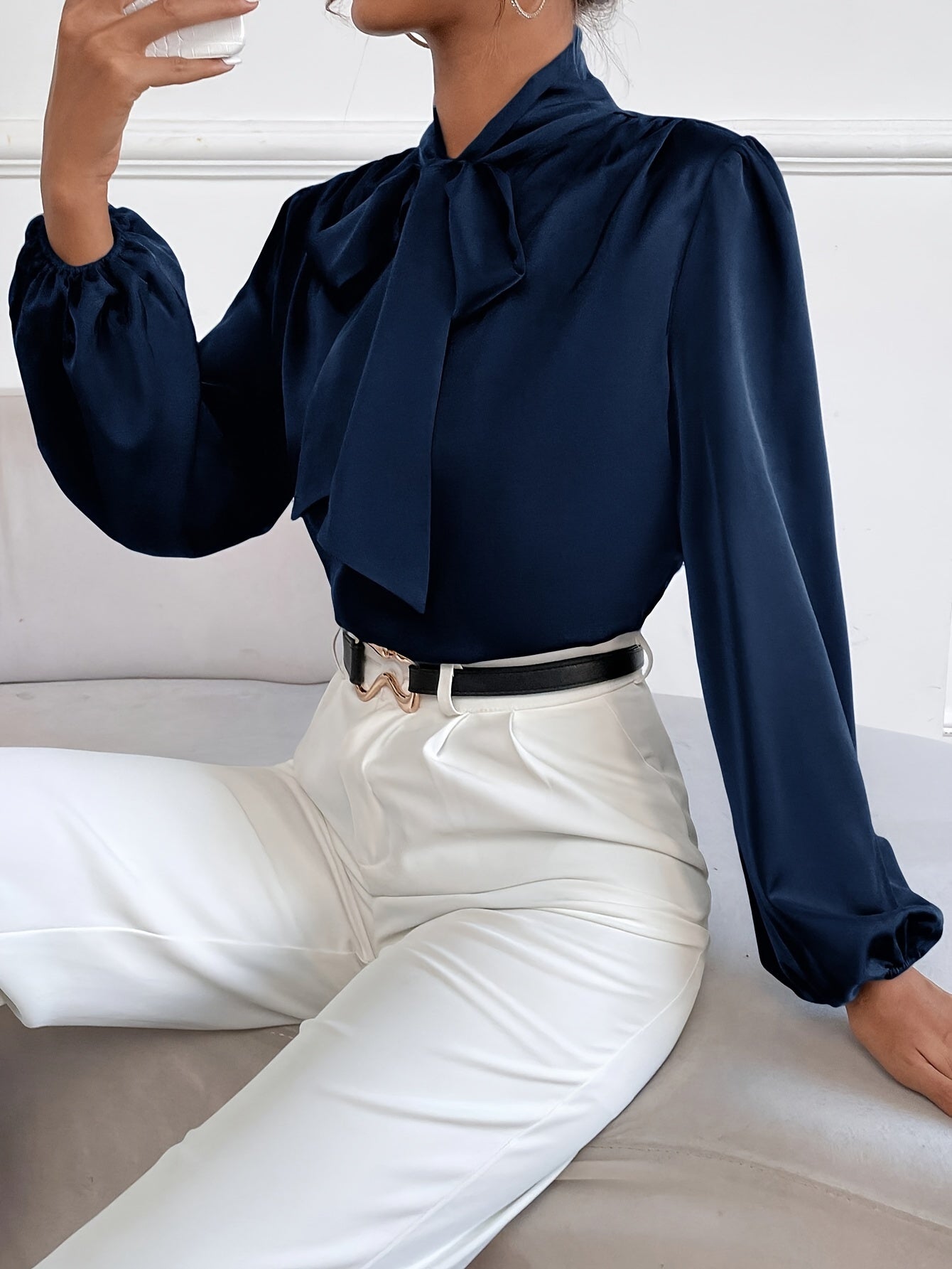 Elegant Satin Blouse with Tie-Neck and Bishop Sleeves, Polyester and Elastane, Solid Color, Non-Stretch Fabric - Women's Fashion Top, Seasonal Fashion | Bow Detail Shirt | Stylish Design, Ladies Blouses