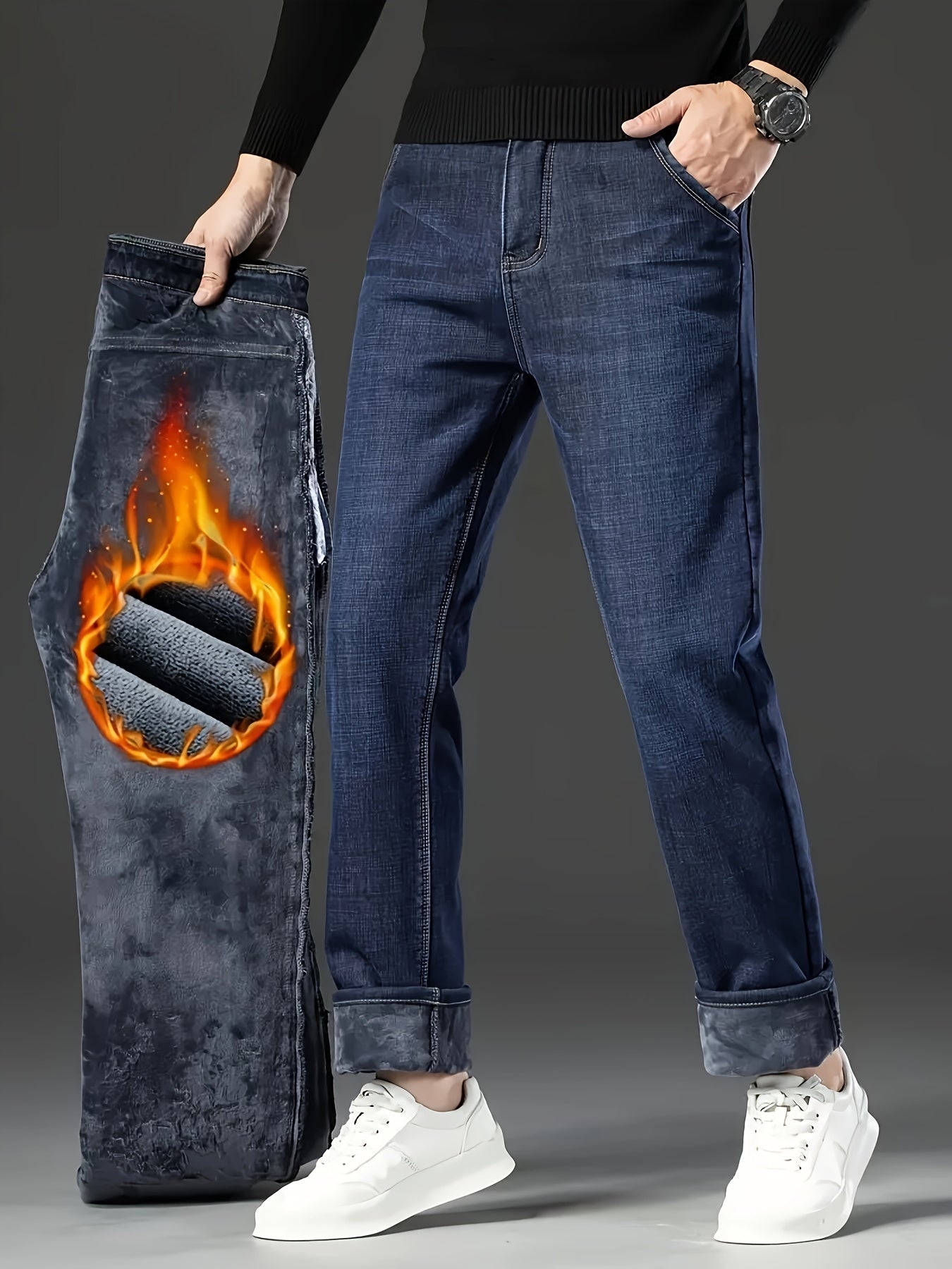 Men's Classic Thickened Denim Straight Leg Fleece Lined Jeans - Warm and Comfortable Winter Pants with Classic Design for Autumn and Winter Season