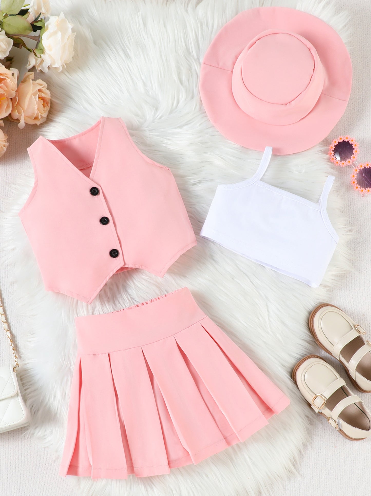 Girl Summer Set V-Neck Sleeveless Button-up Vest Cami Pleated Skirt Hat 4pcs Outfits, for Outdoor