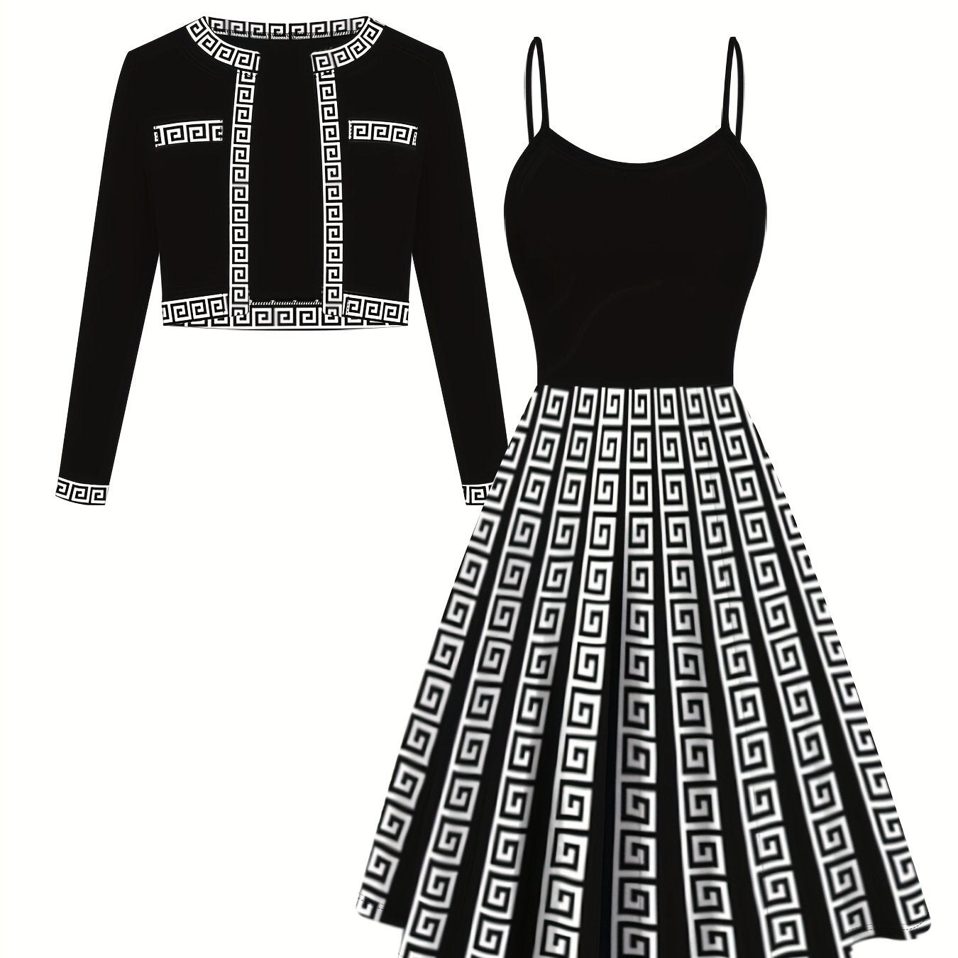 Plus Size Two-Piece Set - Elegant Cardigan Jacket and Geometric Suspender Dress - Knit Polyester with Elastane, Machine Washable