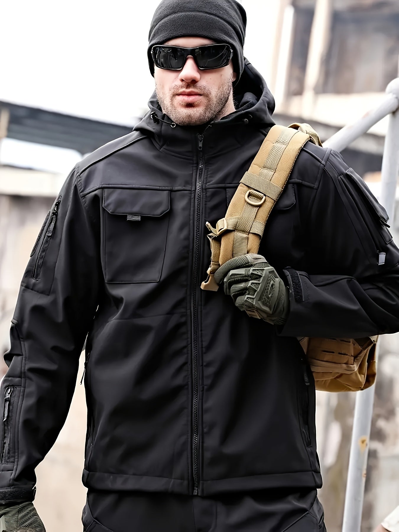 Men's 2pcs Fleece-Lined Hooded Jacket & Pants Set - Windproof Softshell Winter Clothing, Full-Zip Mummy-Like Zipper, Multi-Pocket Shell (Grey/Black) for Skiing, Hiking, Snow Sports - Thermal Outfit, Mens Clothes, Workwear For