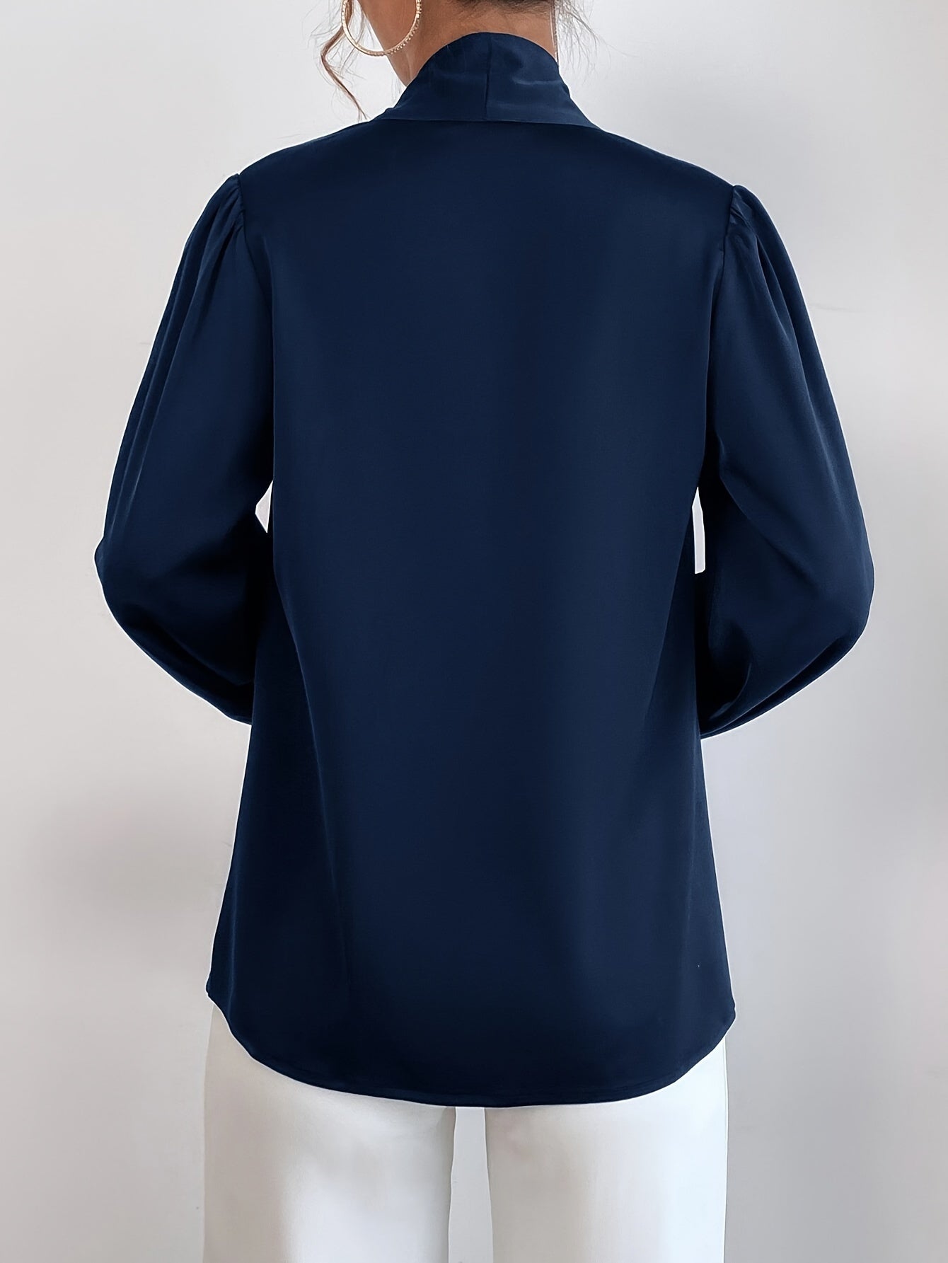 Elegant Satin Blouse with Tie-Neck and Bishop Sleeves, Polyester and Elastane, Solid Color, Non-Stretch Fabric - Women's Fashion Top, Seasonal Fashion | Bow Detail Shirt | Stylish Design, Ladies Blouses