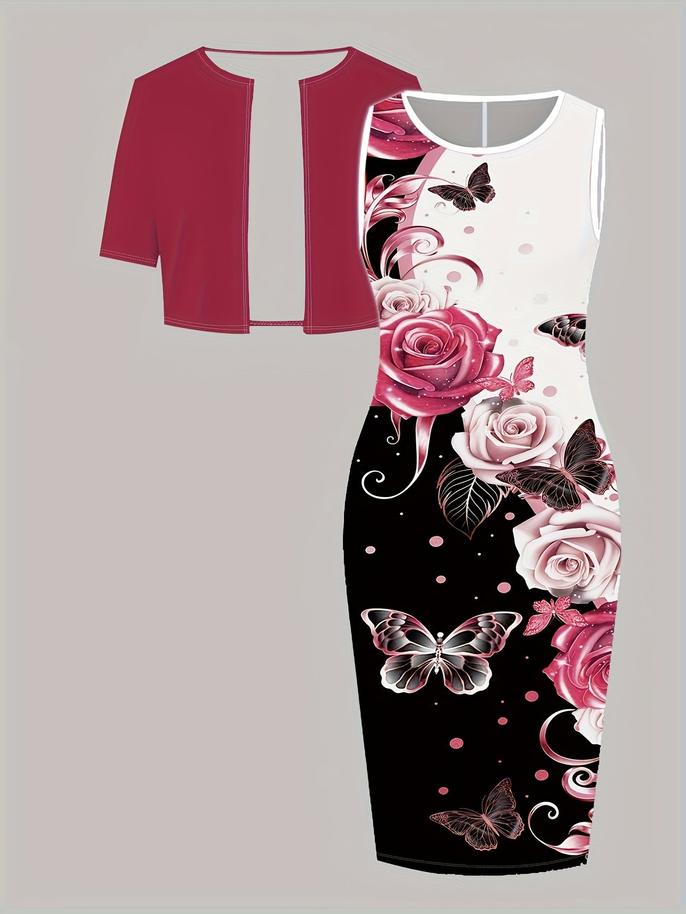 Spring/Summer Women's Jacket + Dress Set Rose Red Jacket with Floral Print Dress