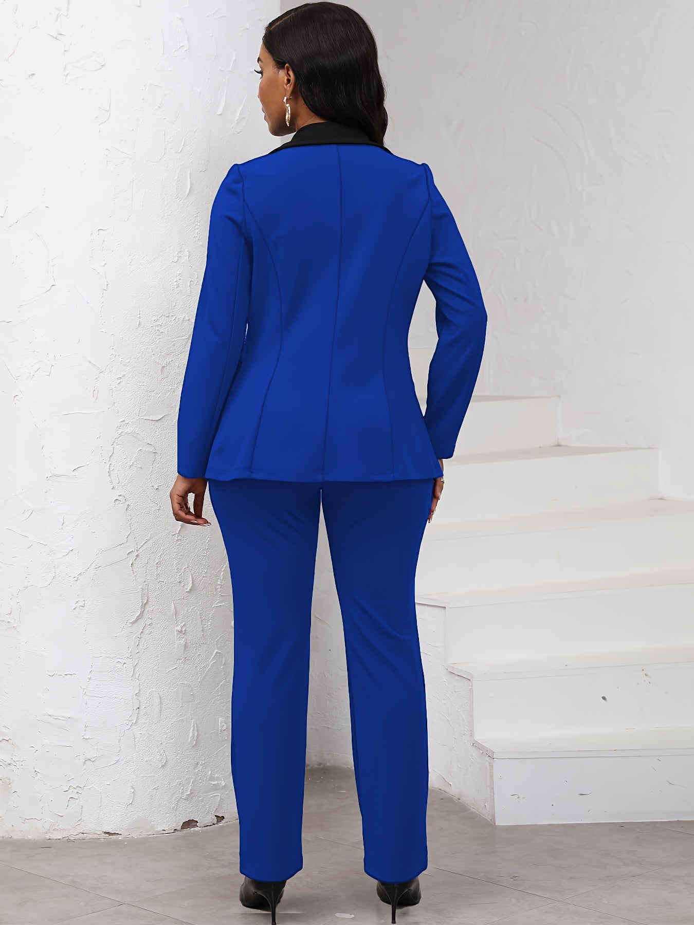 Elegant Women's 2pcs Suit Set - Chic Navy Blue Color Block Blazer with Lapel Collar & Slim-Fit Pants, Professional & Stylish, Long Sleeve, Polyester Blend, Machine Washable - Perfect for Work & Formal Occasions