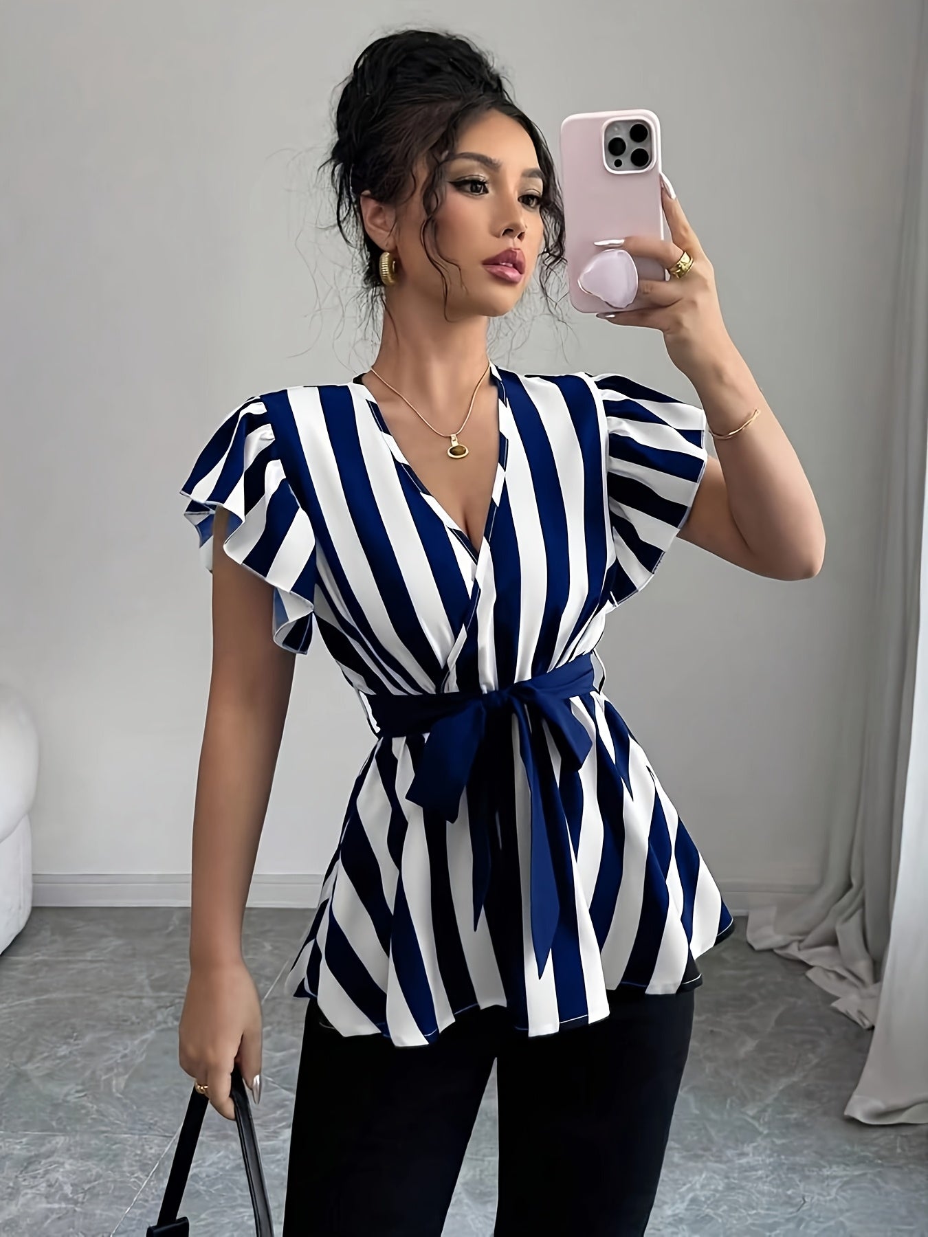 Women's Elegant Striped V-Neck Blouse with Belt - Black & White Vertical Stripes, Ruffled Sleeves, Cinched Waist, Machine Washable Polyester - Spring/Summer Fashion Top, Spring Summer Top | Waist Belted Top | Glossy Texture,