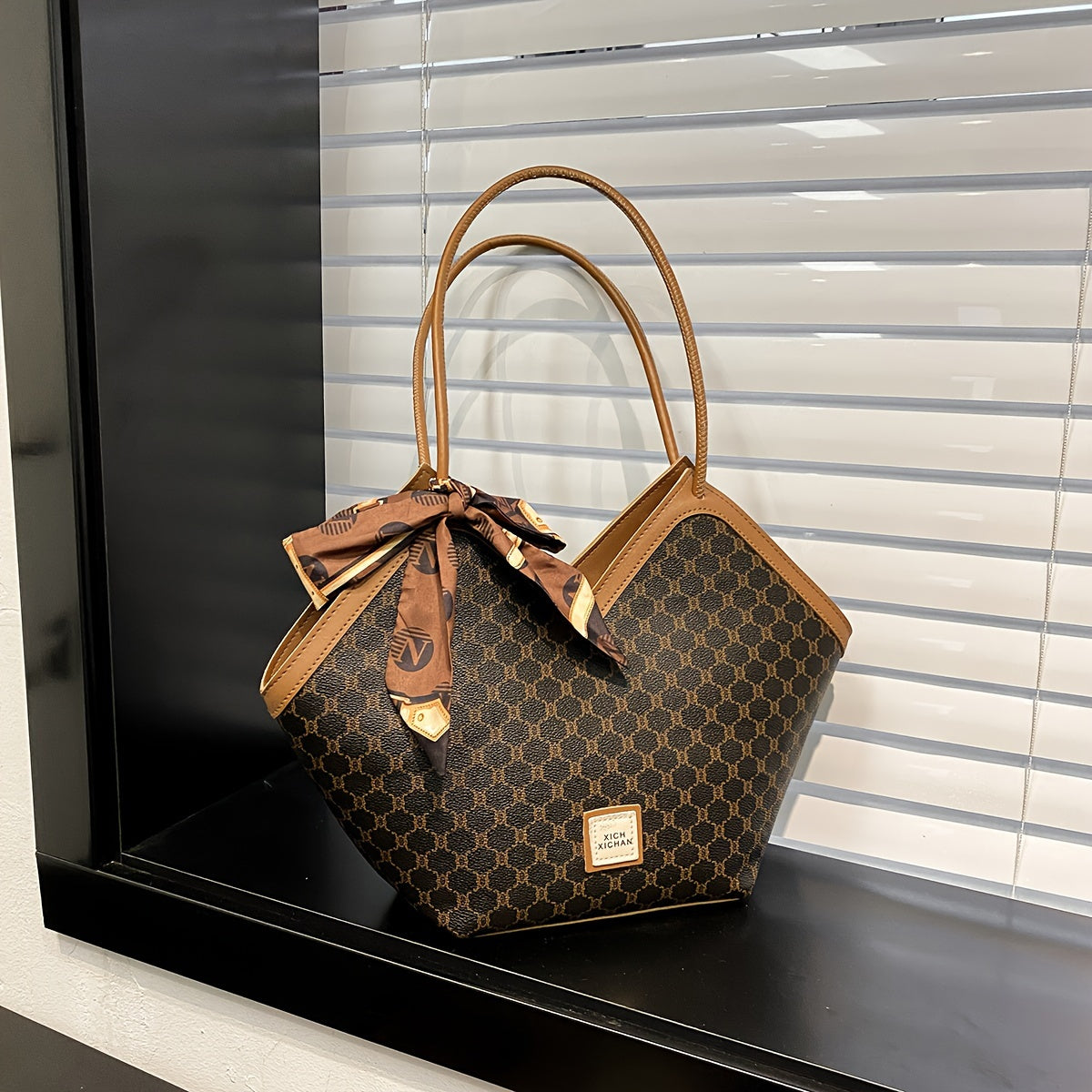 LABOONOO Women'S Extra Large Tote Bag - Stylish Shoulder Handbag with Ribbon Bow, Black & Brown Pattern, Zipper Closure, Perfect for Everyday Use, Ladies Handbags