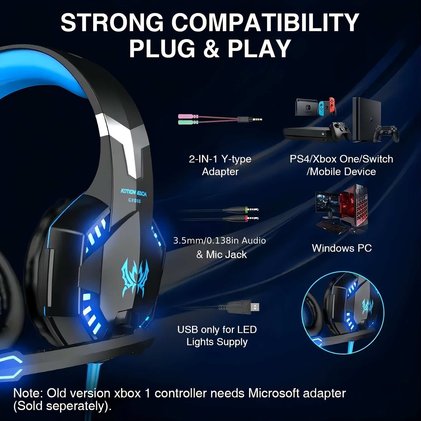 G2000 Gaming Headset, with Mic LED Light Over Ear Wired Headphones for PC Game, Video Games Ps 5, 3.5mm Audio Cable, Condenser Mic - USB