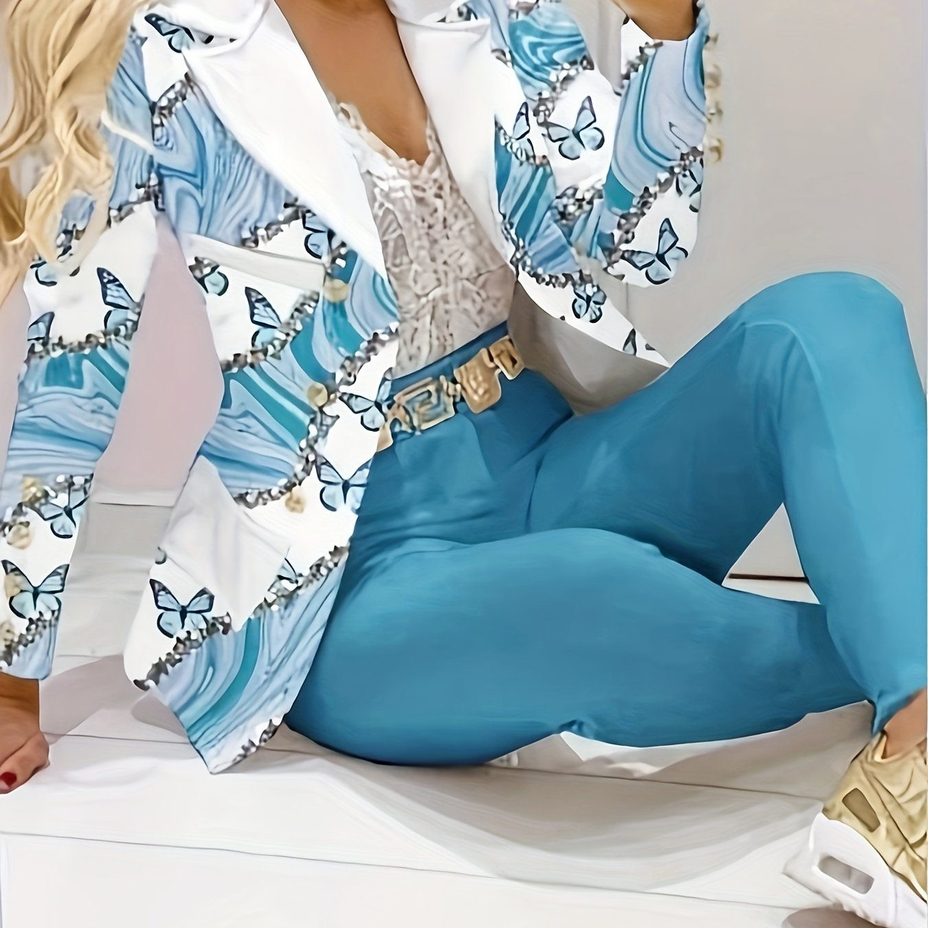 Elegant Two-piece Set, Butterfly Print Long Sleeve Lapel Neck Double-breasted Blazer & Solid Skinny Pants Outfits, Women's Clothing