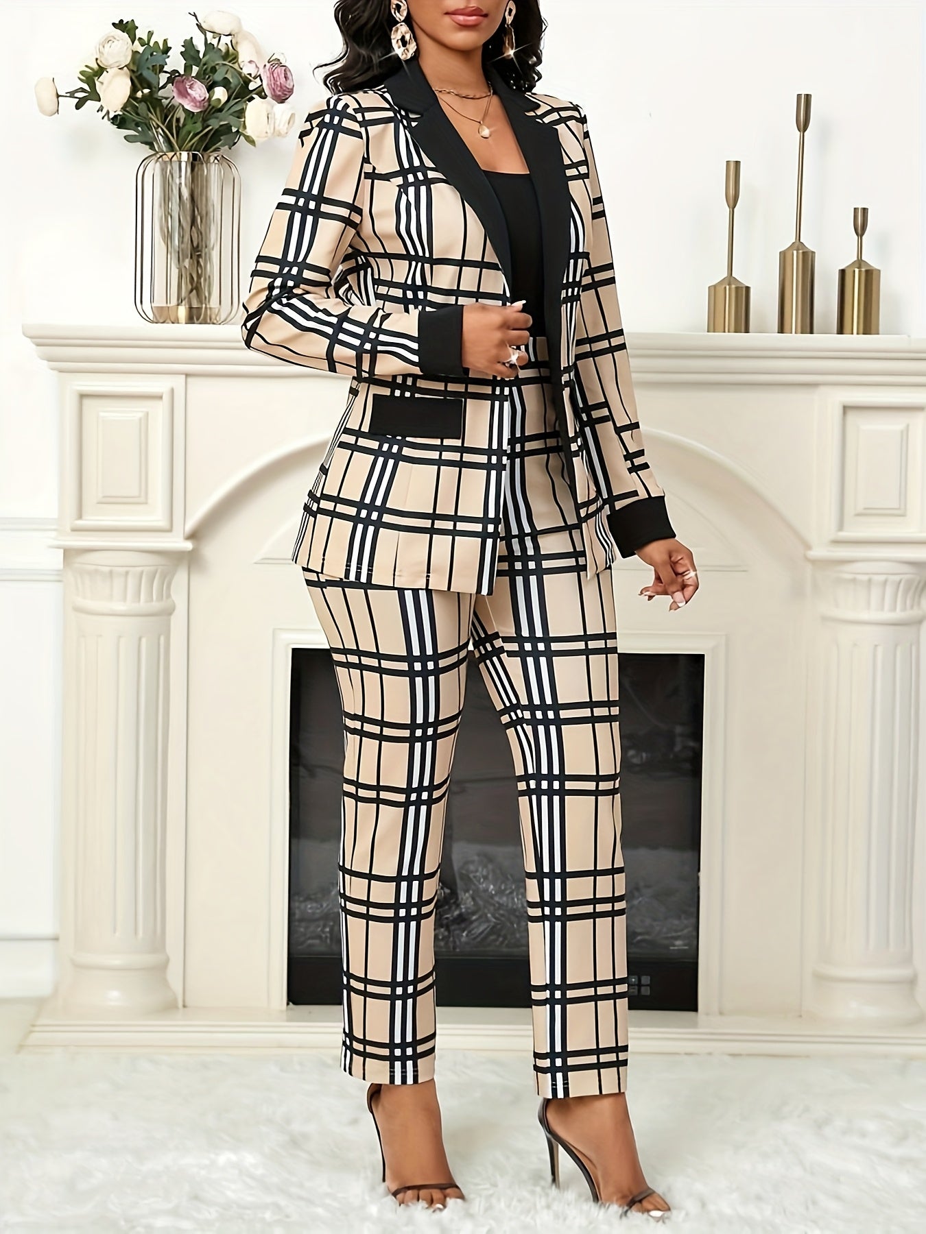 European & American Style Geometric Print Suit Jacket & Trousers Set - Long Sleeve, Patchwork, False Bag Lid, Single Button, Rubber Band Waist