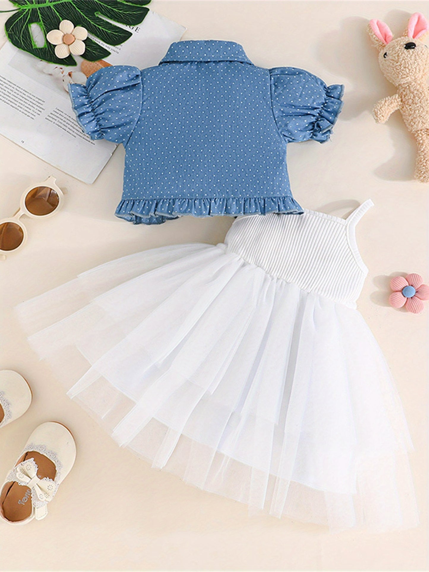 Youngsters Girl Summer Outfits Tulle Spaghetti Strap Bow A Line Dress with Dot Butterfly Print Short Puff Sleeve Cardigan, Perfect for Outdoor