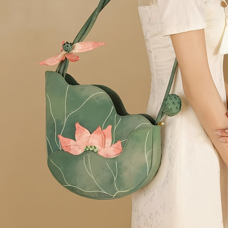 2025 New Chinese Style Women's Shoulder Bag - Exquisite Floral Embroidery Designer Handbag with Green & Pink for Lotus & Dragonfly, Zipper Closure, Lightweight Polyester Lining, Durable Oxford Fabric, Elegant Country Handbag