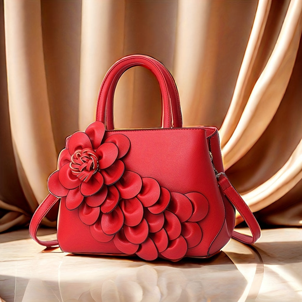 Elegant Floral Designer Handbag For Women, Vintage Style, PU Leather Shoulder & Crossbody Bag, Elegant Satchel Bag