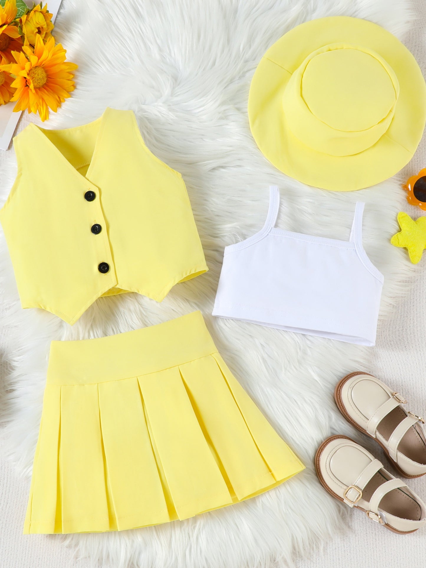 Girl Summer Set V-Neck Sleeveless Button-up Vest Cami Pleated Skirt Hat 4pcs Outfits, for Outdoor