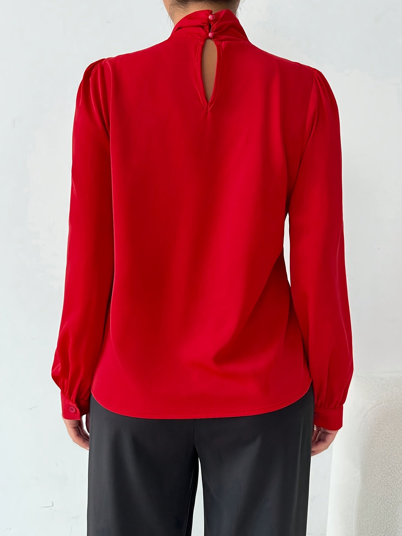 Floral Decor Mock Neck Blouse, Elegant Long Sleeve Blouse for Spring & Fall, Women's Clothing, Plus Size Blouses