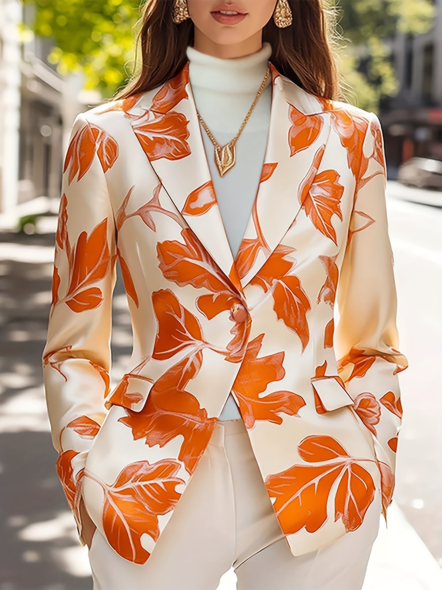 Elegant Women'S Blazer with Vibrant Orange Leaf Print - Single-Breasted Long Sleeve Jacket, Double Pockets, Smooth Polyester Fabric, All-Season Versatile Style, Ladies Blazers