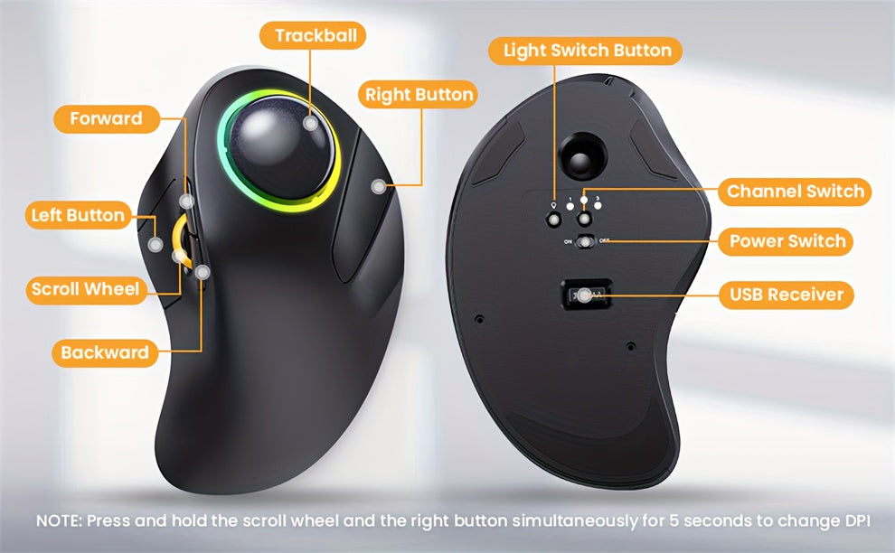 JOMAA EliteTrack - Ergonomic Wireless Rechargeable Trackball Mouse with RGB Lighting, 3-Device Connection, Index Control, and Long-Lasting Battery Life for Comfortable Computer and Laptop Navigation