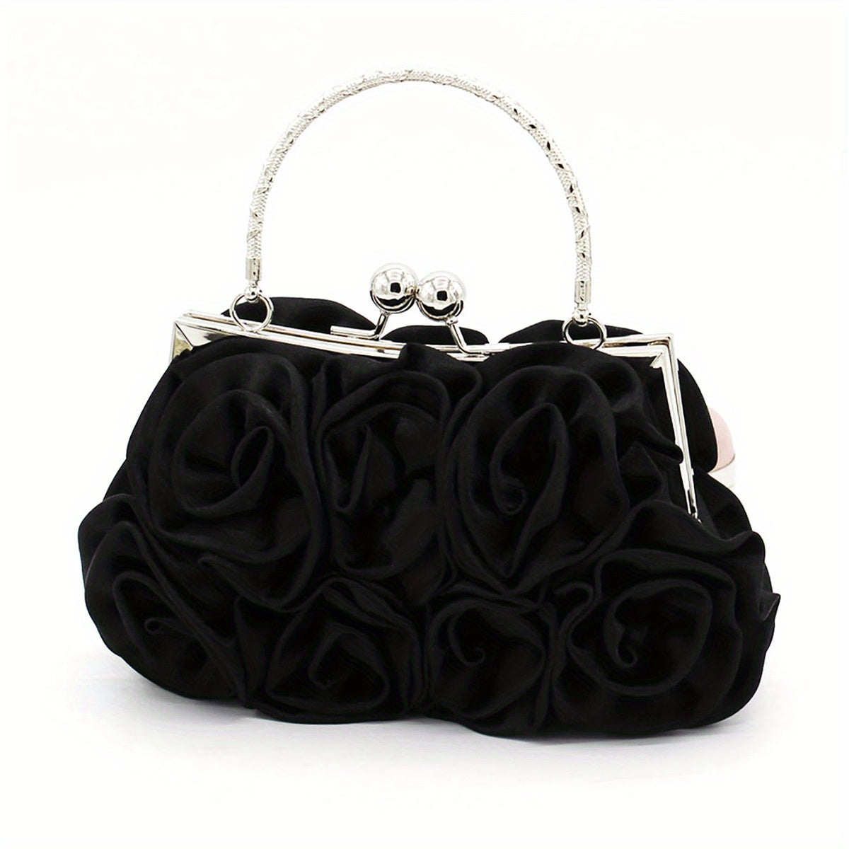 Elegant Floral Fabric Clutch with Kiss Lock Closure, Polyester Lined Evening Handbag for Women - Perfect for Weddings, Parties & Formal Events, Wedding Purse | Floral Embellished Purse | Soft Pink Roses Design