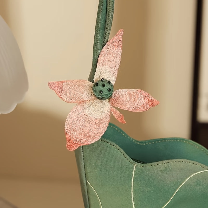 2025 New Chinese Style Women's Shoulder Bag - Exquisite Floral Embroidery Designer Handbag with Green & Pink for Lotus & Dragonfly, Zipper Closure, Lightweight Polyester Lining, Durable Oxford Fabric, Elegant Country Handbag