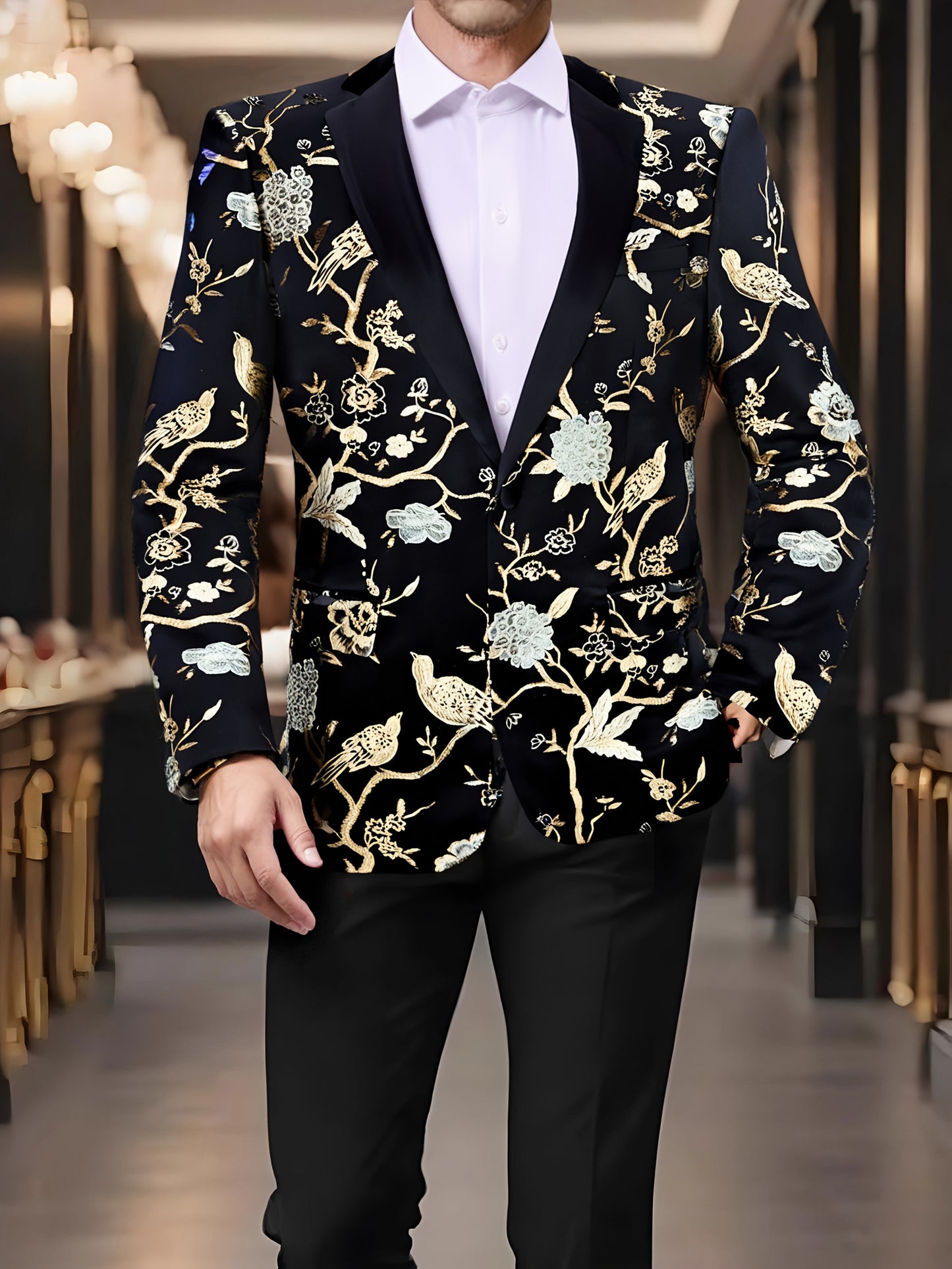 LINEZISEID Men'S Premium Suit Jackets & Blazers Floral Design Single-Breasted Tuxedo Regular Fit Casual Wedding Blazer (Includes Bow Tie, Color Random)