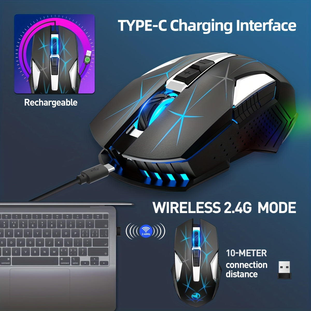 HXSI New 2.4GG Wireless Mouse Color Backlight and Rechargeable USB Plug and Play Optical Mouse Suitable for Home Games, Office Computer Peripherals