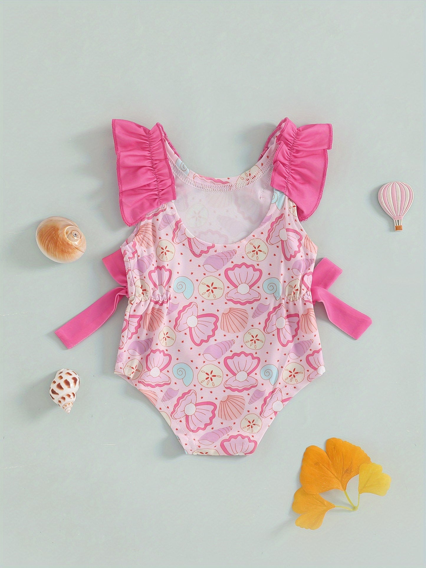 Toddler Girl Summer Tank Swimsuit Shell Print Romper Sleeveless U-Neck Bathing Suit Ruffled Beachwear