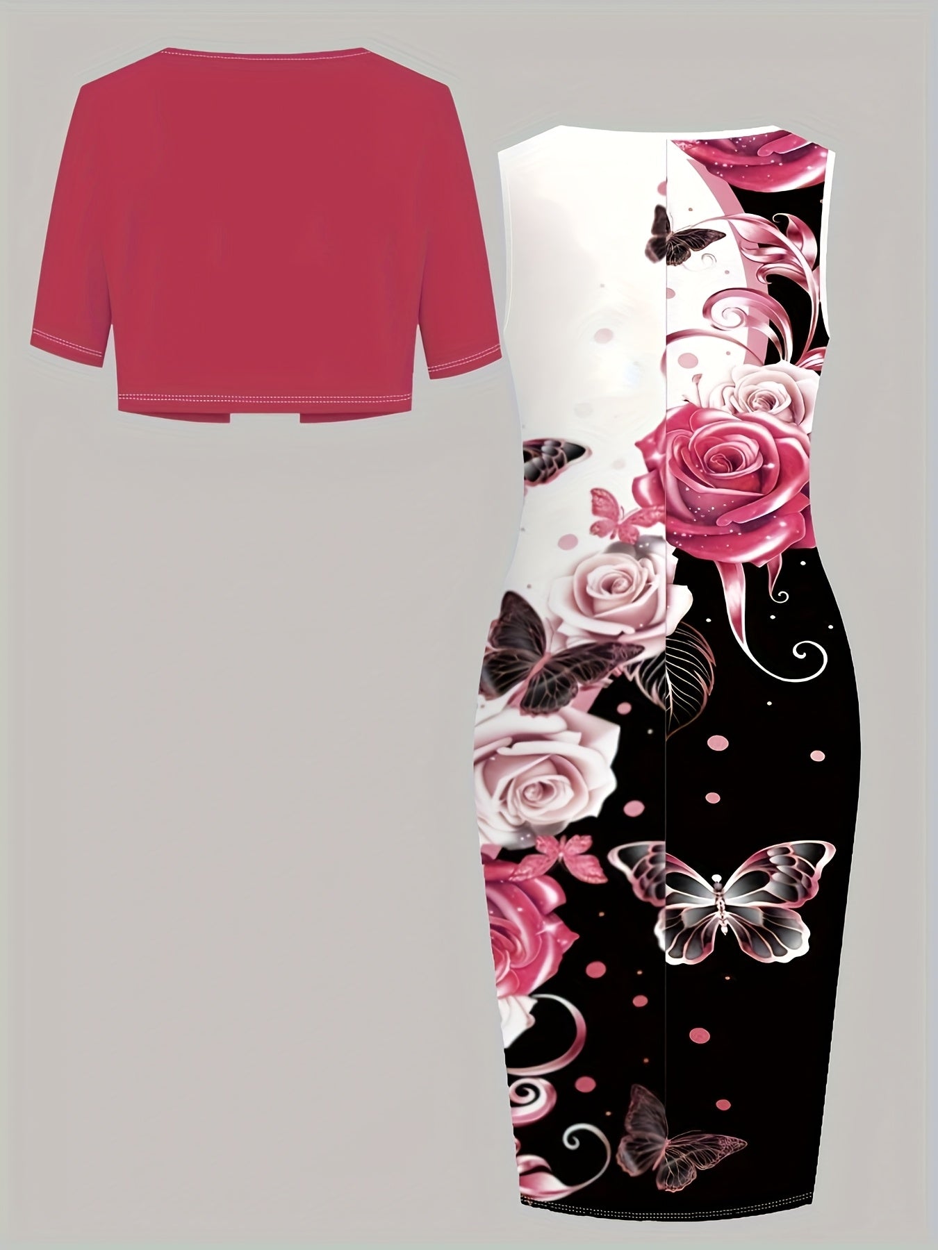 Spring/Summer Women's Jacket + Dress Set Rose Red Jacket with Floral Print Dress