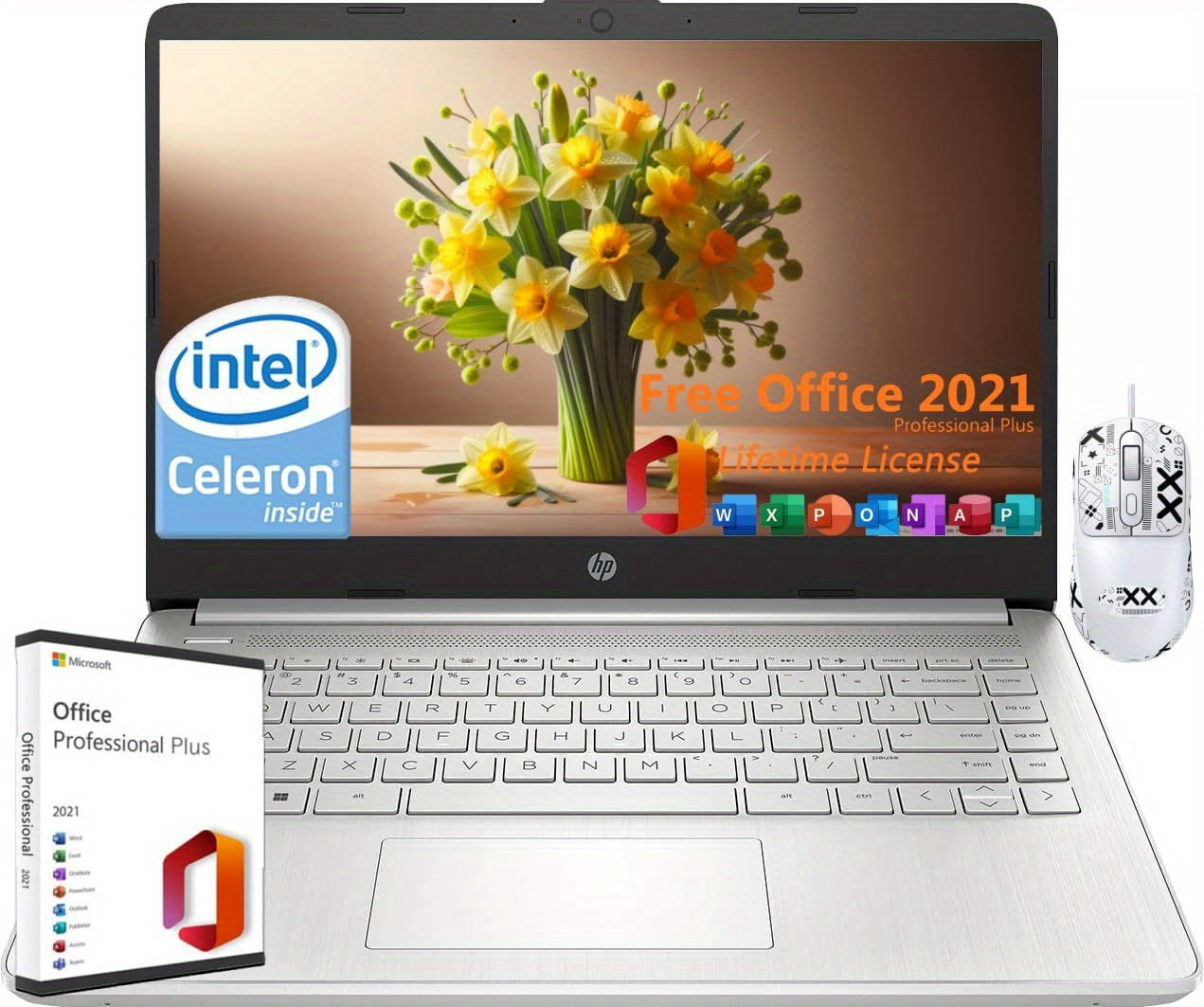 HP 14" Laptop For Student Business, With Office Lifetime License & Windows 11 S, Intel Dual-Core N4120, 16 GB RAM, 384 GB Storage(128GB EMMC+256GB Micro SD), Webcam, WiFi, Anti-Slip Mouse, Silvery