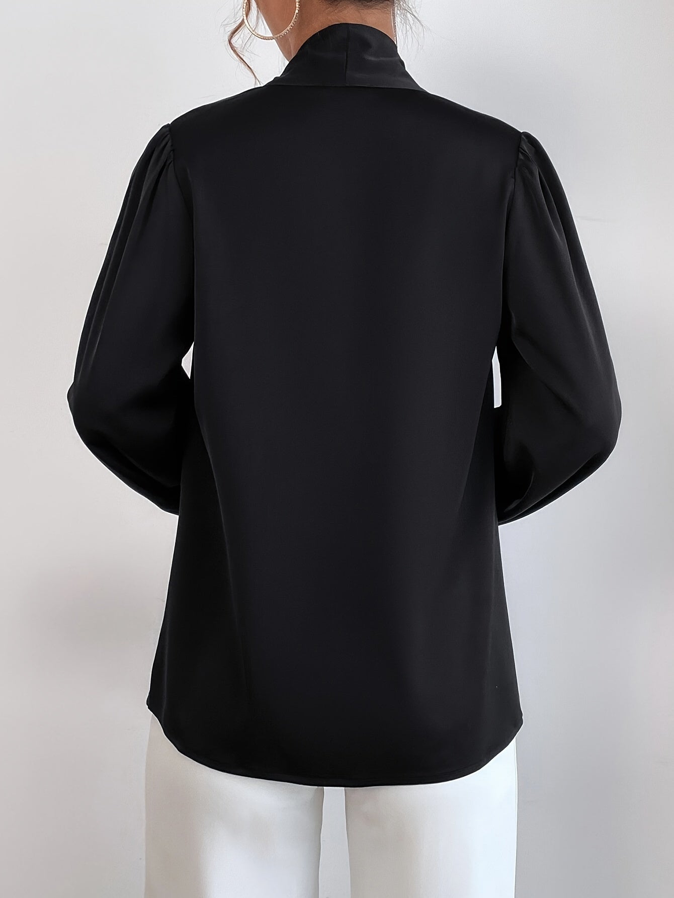 Elegant Satin Blouse with Tie-Neck and Bishop Sleeves, Polyester and Elastane, Solid Color, Non-Stretch Fabric - Women's Fashion Top, Seasonal Fashion | Bow Detail Shirt | Stylish Design, Ladies Blouses