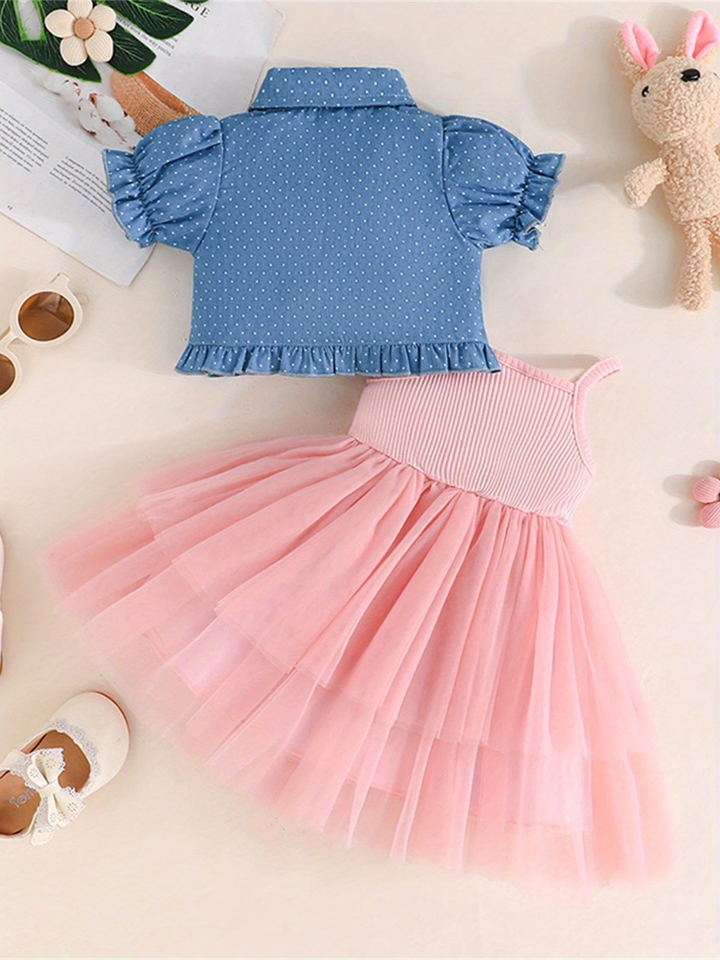 Youngsters Girl Summer Outfits Tulle Spaghetti Strap Bow A Line Dress with Dot Butterfly Print Short Puff Sleeve Cardigan, Perfect for Outdoor