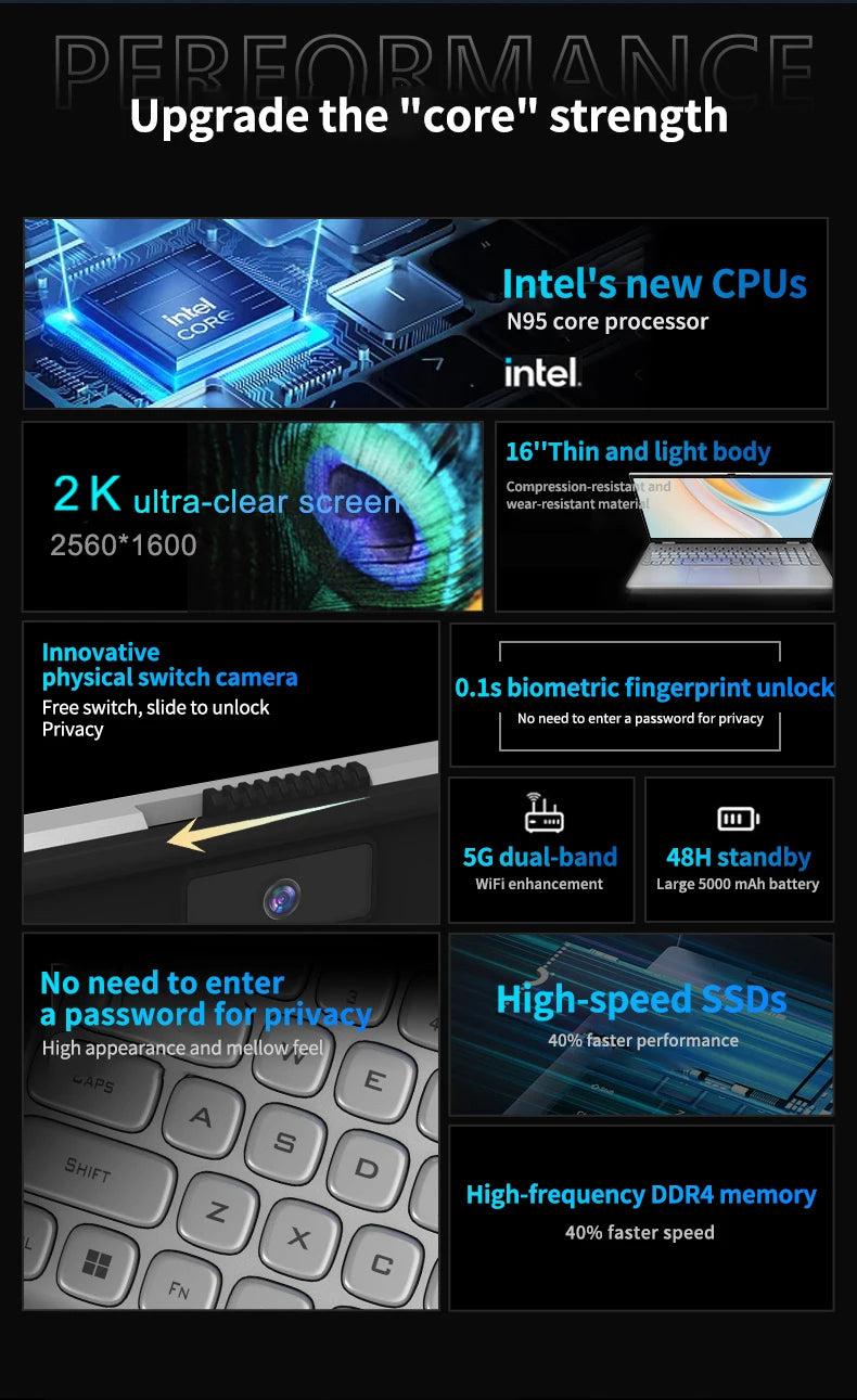 New 16" Inch 2K Laptop, 240 Hz ultra-clear screen, Windows 11 Pro Portable PC Gaming notebooks 32GB 2TB fingerprint unlock