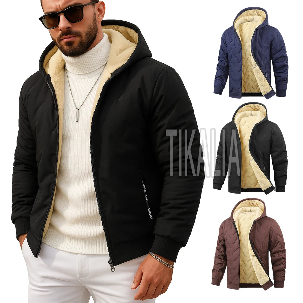 Men’s Winter Parka Jacket Fleece Lined Warm Hooded Coat Cotton Padded Zip Up Outerwear Casual Thick Windbreaker for Cold Weather