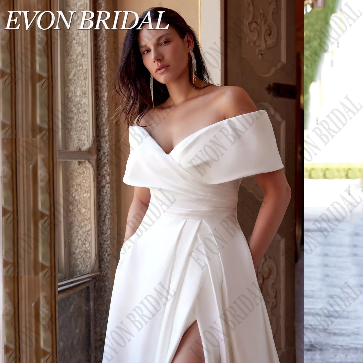 EVON BRIDAL Elegant Off Shoulder Wedding Dress Plus Size Bride Side Split Satin Bride Gowns With Pocket Wedding Gowns Customized