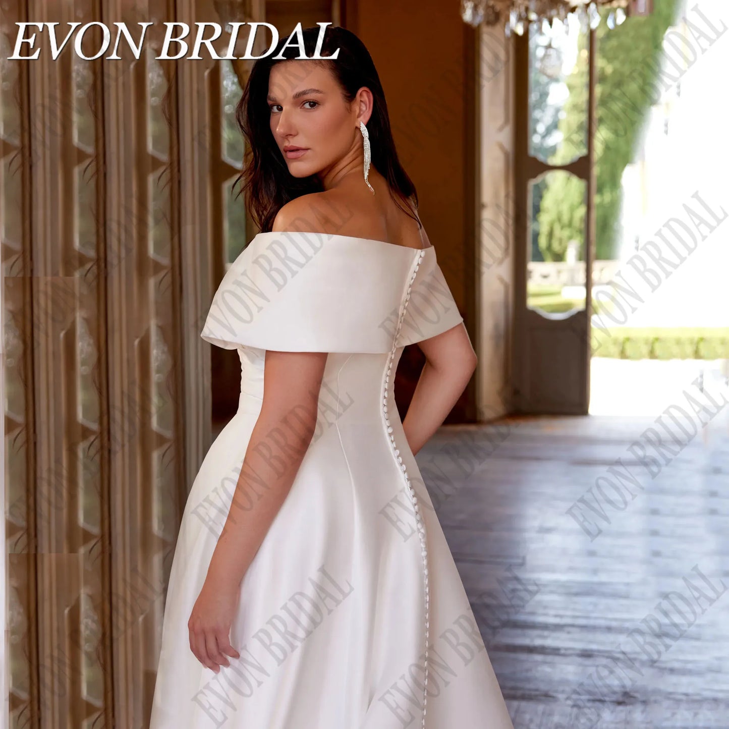 EVON BRIDAL Elegant Off Shoulder Wedding Dress Plus Size Bride Side Split Satin Bride Gowns With Pocket Wedding Gowns Customized