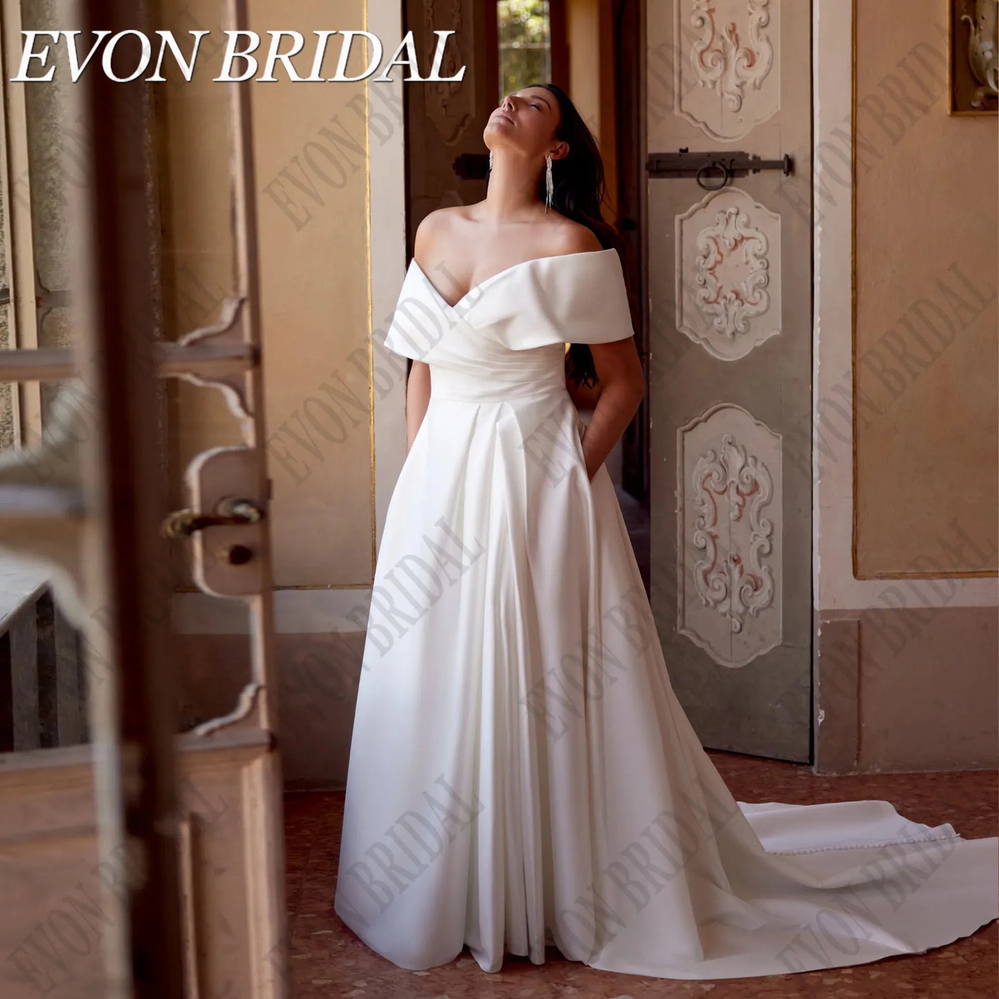 EVON BRIDAL Elegant Off Shoulder Wedding Dress Plus Size Bride Side Split Satin Bride Gowns With Pocket Wedding Gowns Customized