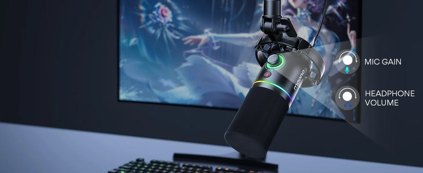 Maono XLR\USB Dynamic Microphone For Gaming Recording Streaming Youtube Metal Mic With Software Tap-to-Mute Gain Knob PD200X