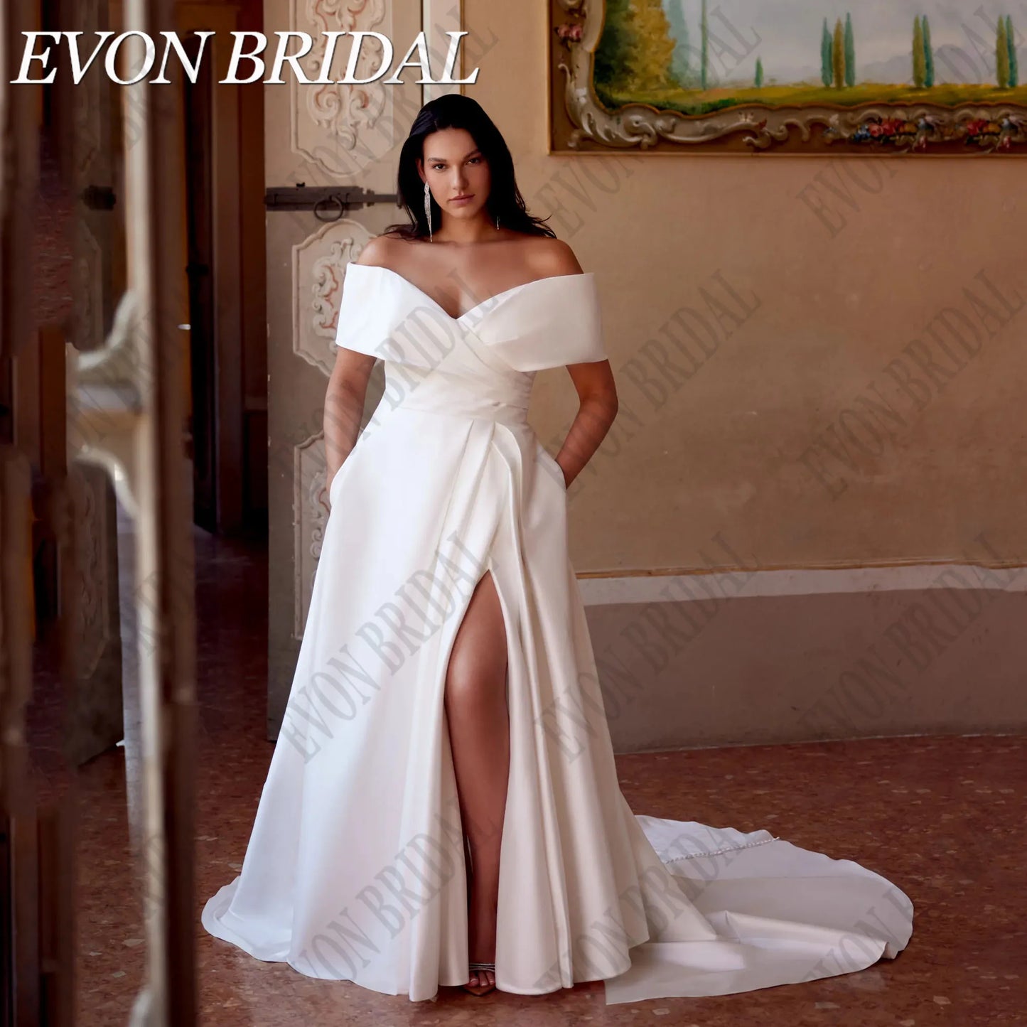 EVON BRIDAL Elegant Off Shoulder Wedding Dress Plus Size Bride Side Split Satin Bride Gowns With Pocket Wedding Gowns Customized
