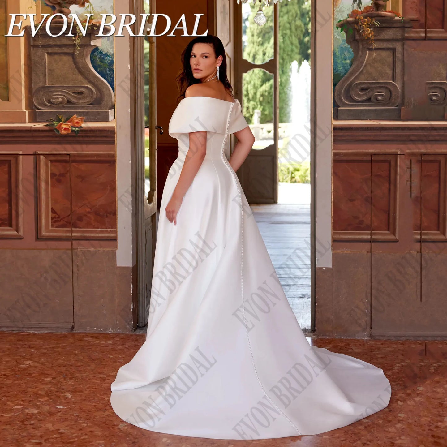EVON BRIDAL Elegant Off Shoulder Wedding Dress Plus Size Bride Side Split Satin Bride Gowns With Pocket Wedding Gowns Customized