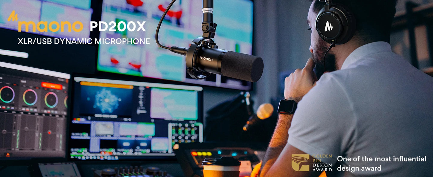Maono XLR\USB Dynamic Microphone For Gaming Recording Streaming Youtube Metal Mic With Software Tap-to-Mute Gain Knob PD200X