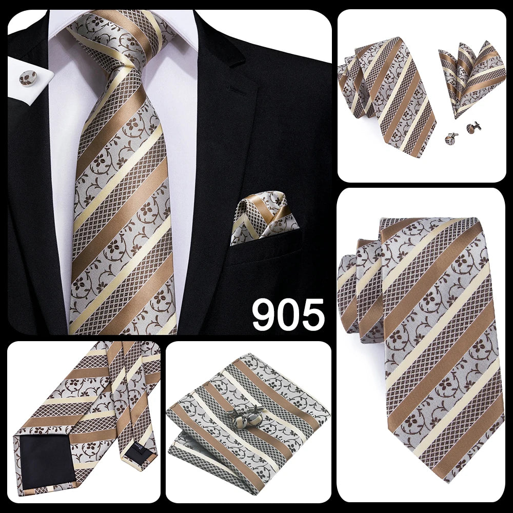 Hi-Tie Champagne Ivory Floral Solid Design Silk Wedding Tie For Men Quality Hanky Cufflink Fashion Nicktie Business Dropshipping