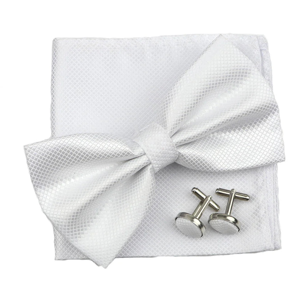3PC Mens Bowtie Set Fashion Dot Solid Polyester Bow Tie Handkerchief Cufflinks Bar Party Wedding Business Daily Wear Accessories