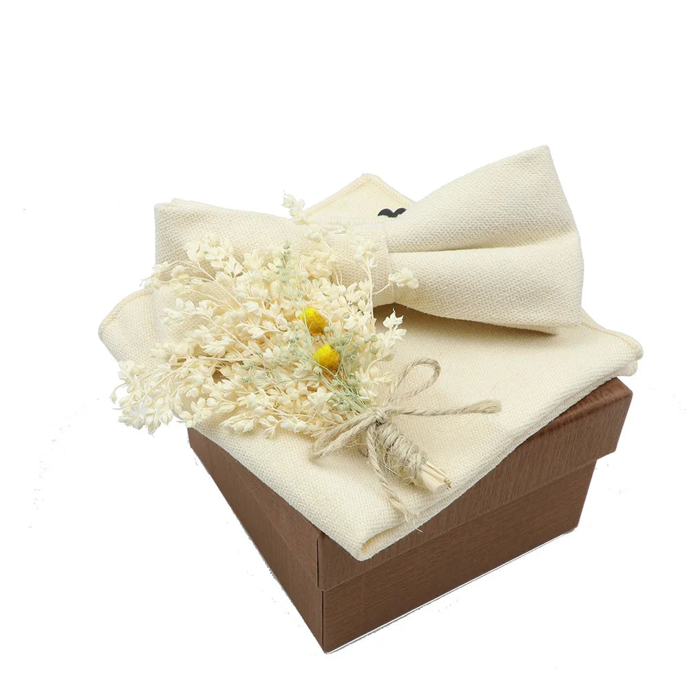 Solid Color Cotton Bowtie Handkerchief Flower Brooch Set For Men Women Party Wedding Blue Pink Green Bowties Novelty Ties Gift