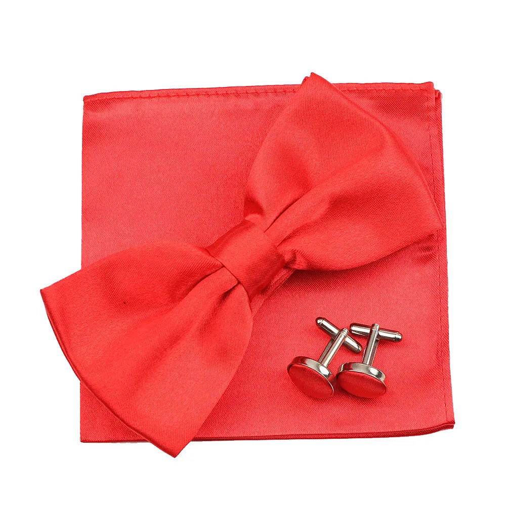 3PC Mens Bowtie Set Fashion Dot Solid Polyester Bow Tie Handkerchief Cufflinks Bar Party Wedding Business Daily Wear Accessories
