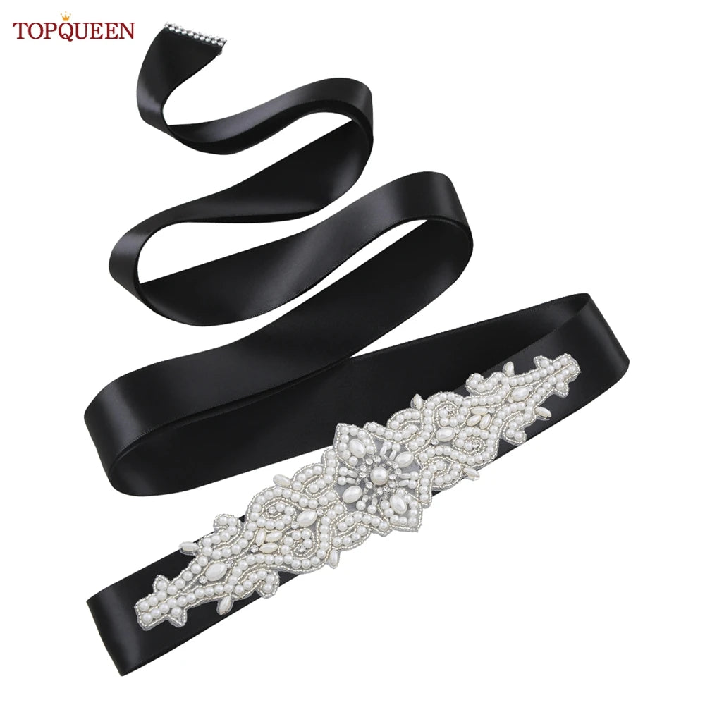 TOPQUEEN Wedding Dress Belt Luxury Full Pearl Bridal Belt Women Moroccan Decoration Satin Ribbon Belt Handmade Beaded S26A