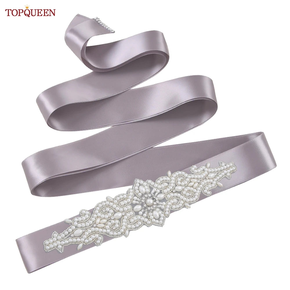 TOPQUEEN Wedding Dress Belt Luxury Full Pearl Bridal Belt Women Moroccan Decoration Satin Ribbon Belt Handmade Beaded S26A